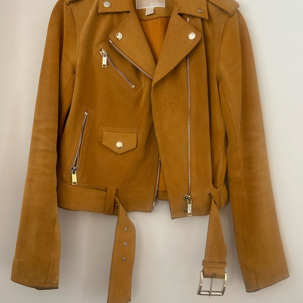 MICHAEL KORS WOMENS YELLOW SUEDE 100% LEATHER LINED MOTO JACKET SIZE XS